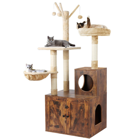 Timberer Litter Box Enclosure with Cat Tree, Wooden Cat House with Cat Tree Tower, Hidden Cat Litter Box Furniture with Scratching Post, Modern Cat Condo, Rustic Brown - WoodArtSupply