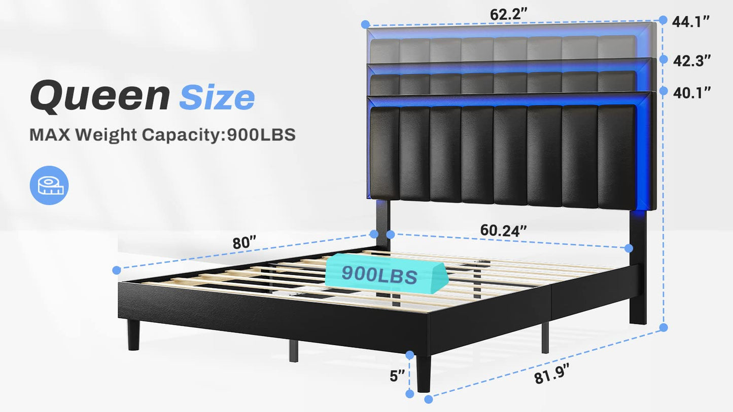 Modern DICTAC Queen Bed Frame with LED Headboard, USB Ports & Faux Leather Upholstery - WoodArtSupply