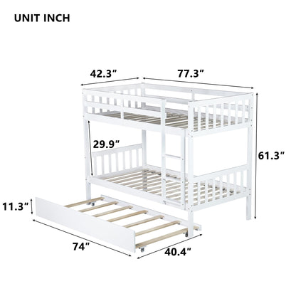 UOCFYK Twin Over Twin Wood Bunk Bed with Trundle for Kids Boys Girls,Solid Wood Bedframe w/Ladder & Safety Guardrails, Convertible into Twin Size Beds,No Box Spring Needed, White