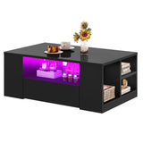 DWVO LED Modern Coffee Tables for Living Room, High Gloss Black Coffee Table with Storage, Small Wood Center Coffee Table with Open Side Shelf and 2 Sliding Drawers, Black DWVO