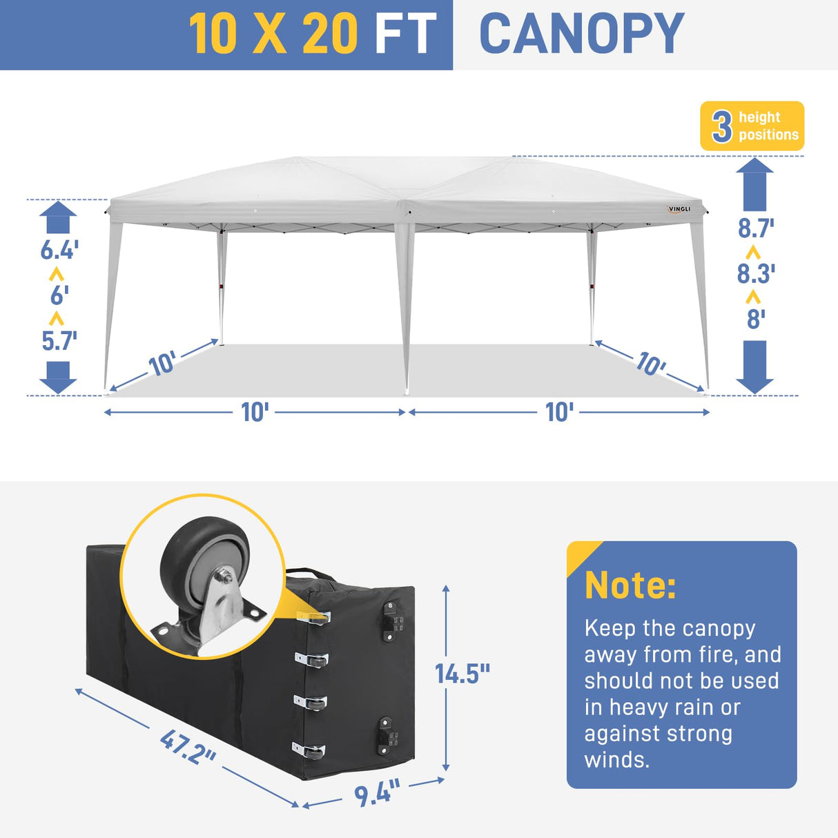VINGLI 10x20 ft Pop Up Canopy Tent with 6 Sidewalls, Canopy 10x20 with Carry Bag, Outdoor Gazebo Canopy Tent Camping Tent, Patio Event Tent Outdoor Canopy Commercial Canopy(White) VINGLI