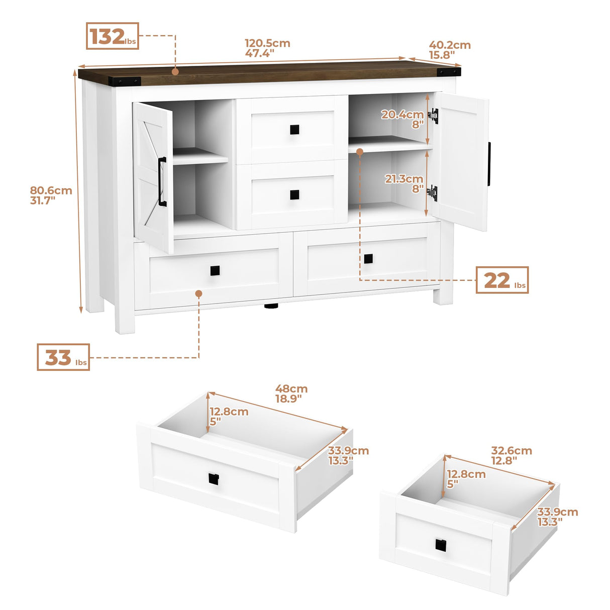 VVFLU Farmhouse White Dresser for Bedroom with 4 Drawers and 2 Barn Doors, White Wood Chest of Drawers 47 Inch Wide, Large, Long, Adjustable Shelves, 5 Legs, Living Dining Room, Entryway, Hallway VVFLU