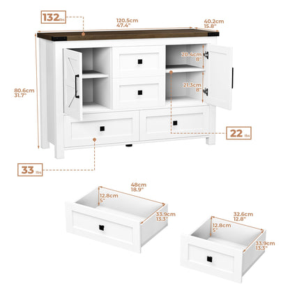 VVFLU Farmhouse White Dresser for Bedroom with 4 Drawers and 2 Barn Doors, White Wood Chest of Drawers 47 Inch Wide, Large, Long, Adjustable Shelves, 5 Legs, Living Dining Room, Entryway, Hal - WoodArtSupply