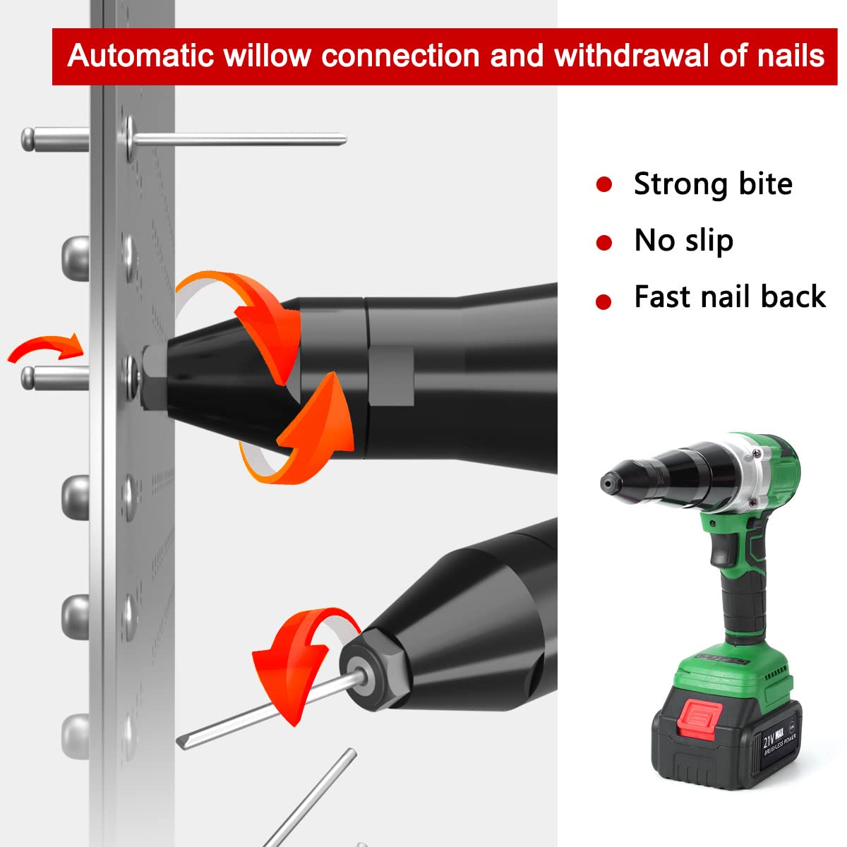 Etersec Cordless Rivet Gun, Portable 21V Lithium Battery Charging Full-Automatic Core Pulling Rivet Gun Professional Kit,with Battery and Charger，for 1/8", 5/32", 3/16" Rivets（Green - WoodArtSupply