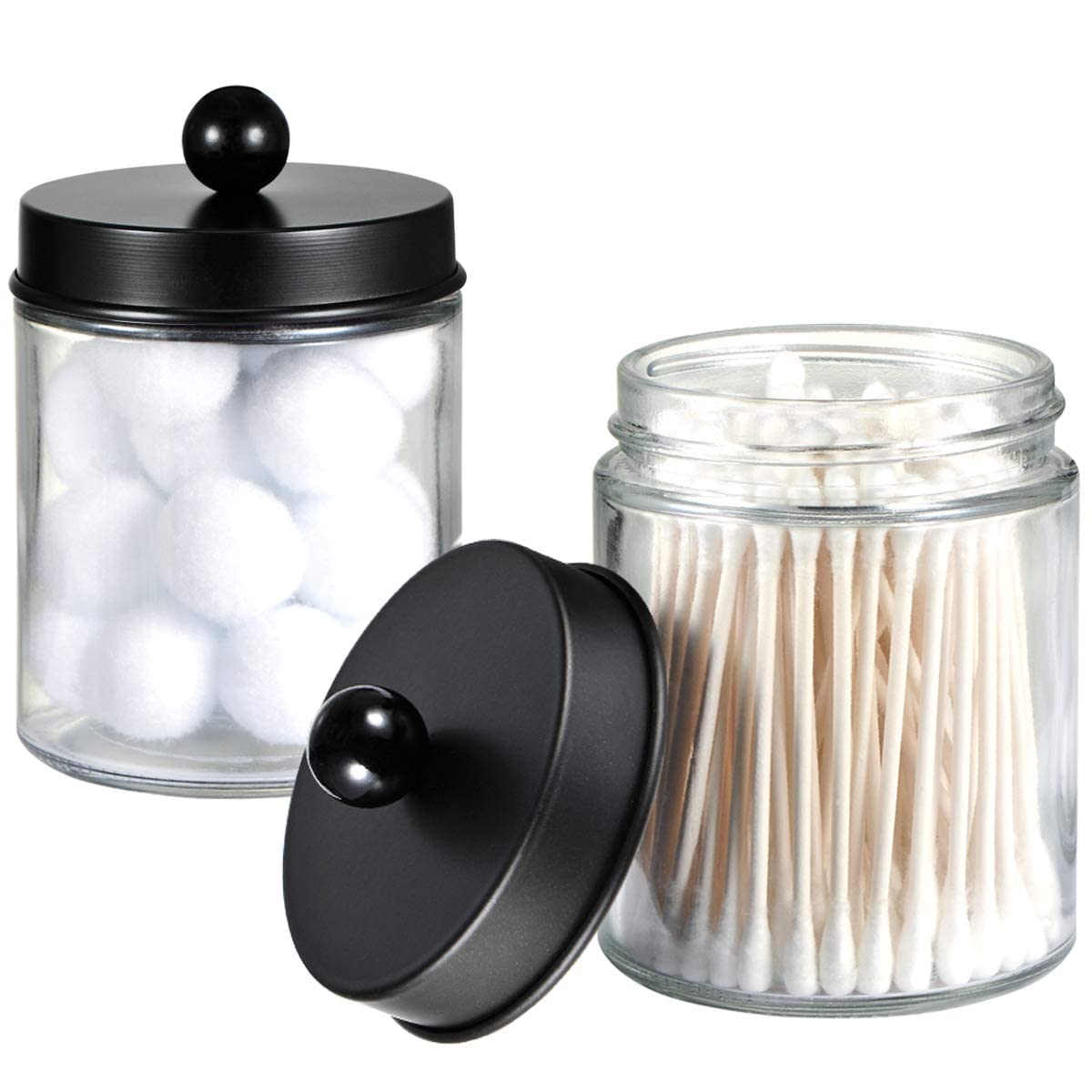 Amolliar 4 Pack Apothecary Jars Bathroom Vanity Storage Organizer Set -Countertop Canister with Stainless Steel Lids &Cute Stickers - Qtip Dispenser Holder for Qtips,Cotton Swabs,Makeup Sponges(Black) Amolliar