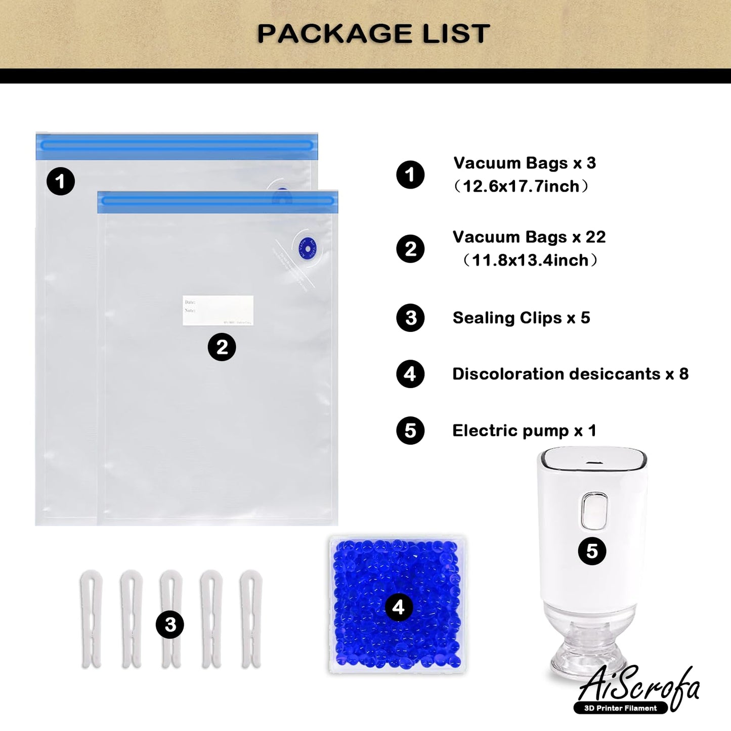 AiScrofa Filament Storage Bag Vacuum Kit with Two Sizes - 39 PCS Cleaning Drying Sealed 25 Bags for 3D Printer Filament with Desiccants/Humidity Indicator (Automatic Pumps Vacuum Bags Kit 25  - WoodArtSupply