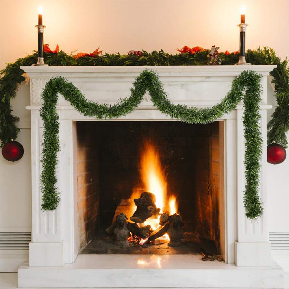 50 Feet Green Tinsel Garland Artificial Christmas Pine Decorative Garland Greenery Tinsel Stems Non-Lit Soft Twist Garland 12 Inch x 2Inch for Holiday Season Outdoor Indoor Party Decorations CCINEE