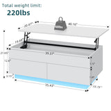 HOMMPA Lift Top Coffee Table with LED Light Morden Coffee table with Storage High Gloss White Coffee table for Living Room Tea Table with Storage Center Tables Hidden Compartment & 2 Drawers HOMMPA