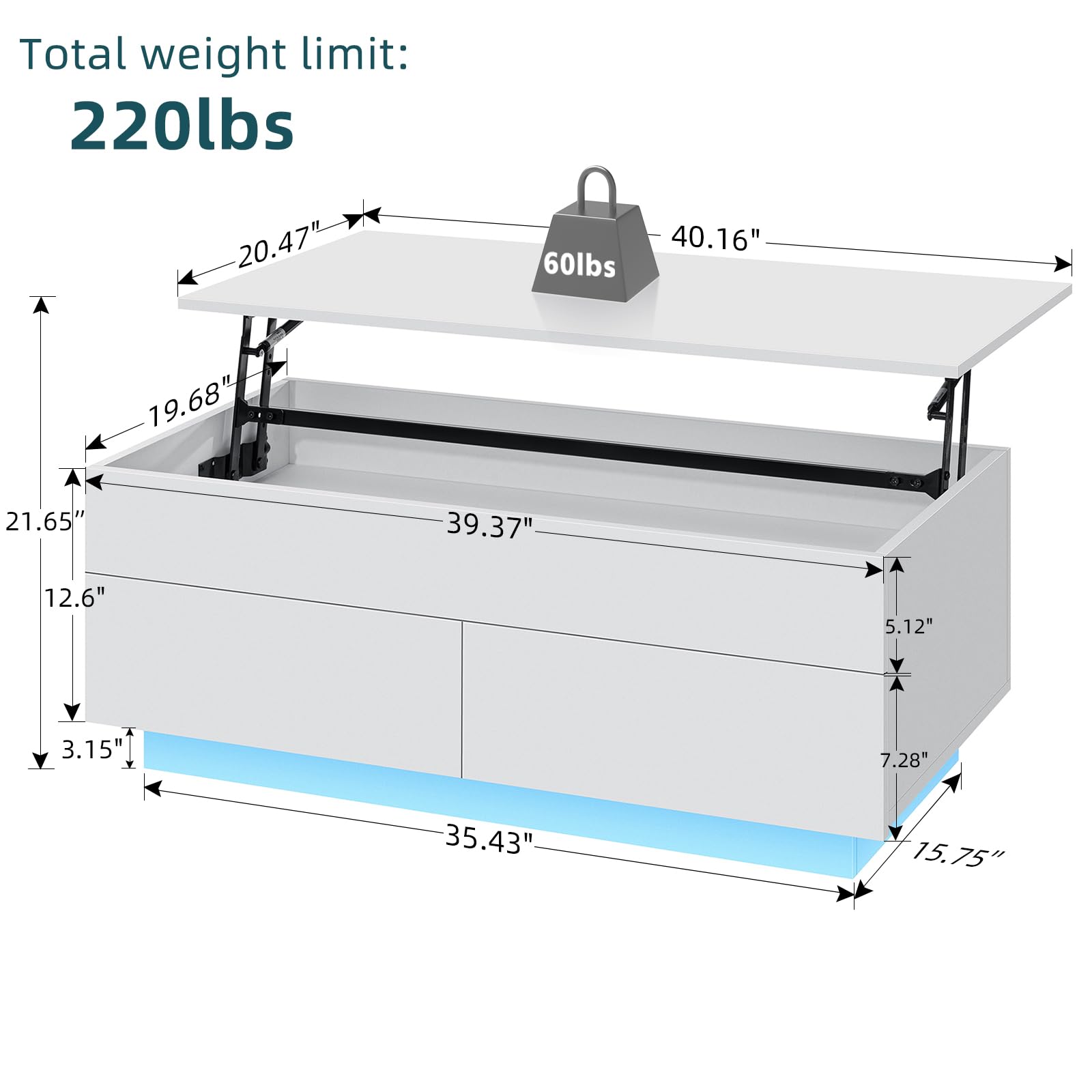 HOMMPA Lift Top Coffee Table with LED Light Morden Coffee table with Storage High Gloss White Coffee table for Living Room Tea Table with Storage Center Tables Hidden Compartment & 2 Drawers - WoodArtSupply