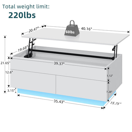 HOMMPA Lift Top Coffee Table with LED Light Morden Coffee table with Storage High Gloss White Coffee table for Living Room Tea Table with Storage Center Tables Hidden Compartment & 2 Drawers HOMMPA