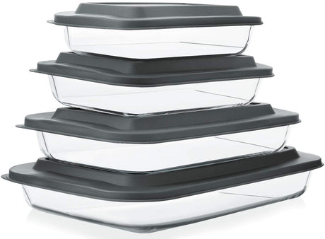 8-Piece Deep Glass Baking Dish Set with Plastic lids,Rectangular Glass Bakeware Set with Lids, Baking Pans for Lasagna, Leftovers, Cooking, Kitchen, Freezer-to-Oven and Dishwasher, Gray M MCIRCO