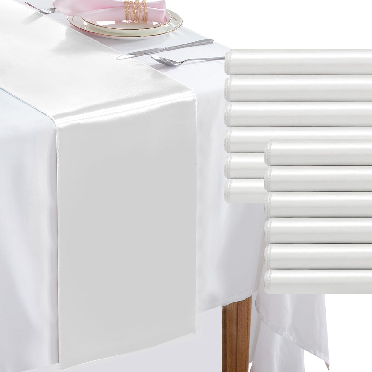 12 Pack White Table Runners 12 x 108 Inch, Rectangular Smooth Satin Silk Table Runner for Wedding, Banquet, Birthday Party Decoration KKJIAF