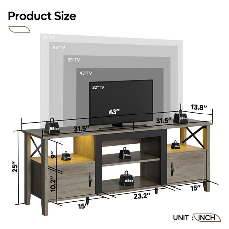 Bestier Farmhouse TV Stand for 70 inch TV, Gaming Entertainment Center with LED Lights, TV Console with 2 Storage Cabinets and Shelf for Living Room, 63'' Inch, Grey Wash Bestier