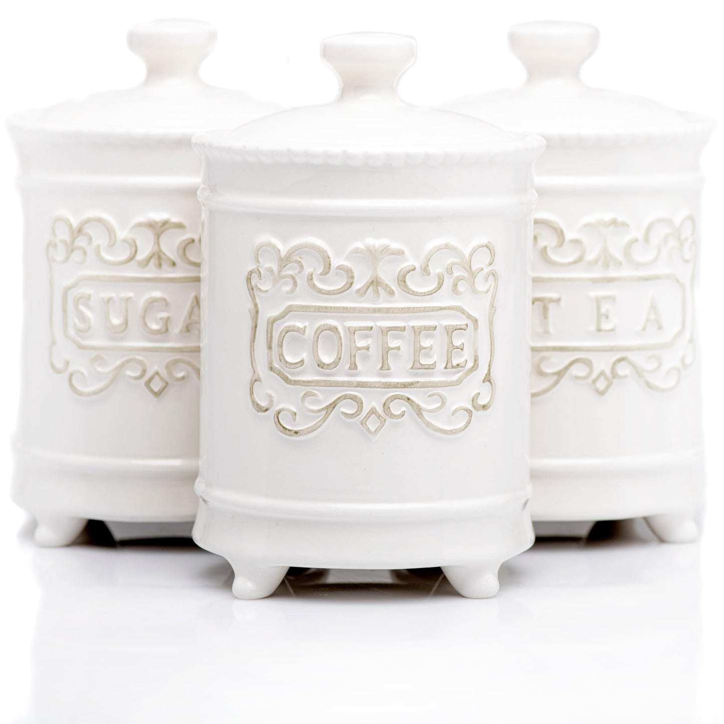 Large 35 Ounce Elegant Ceramic Kitchen Canisters Set of 3 - Beautifully Engraved Coffee Tea Sugar Storage Containers Airtight with Feet for Added Style and Stability - Ceramic Jar with Airtight Lid