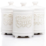 Large 35 Ounce Elegant Ceramic Kitchen Canisters Set of 3 - Beautifully Engraved Coffee Tea Sugar Storage Containers Airtight with Feet for Added Style and Stability - Ceramic Jar with Airtight Lid 25DOL