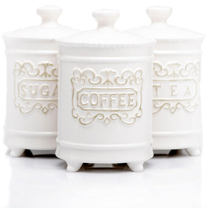 Large 35 Ounce Elegant Ceramic Kitchen Canisters Set of 3 - Beautifully Engraved Coffee Tea Sugar Storage Containers Airtight with Feet for Added Style and Stability - Ceramic Jar with Airtight Lid