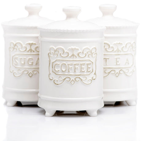 Large 35 Ounce Elegant Ceramic Kitchen Canisters Set of 3 - Beautifully Engraved Coffee Tea Sugar Storage Containers Airtight with Feet for Added Style and Stability - Ceramic Jar with Airtight Lid 25DOL