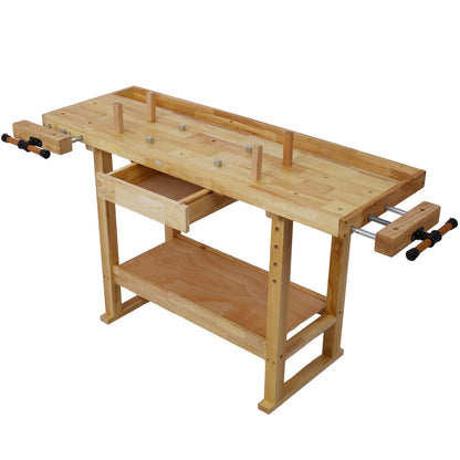 Halofe 55" Wooden Workbench, Woodworking Station with Adjustable Handle, 2 Vises, Drawers, Shelves, Heavy Duty Wooden Work Table 330 lbs Weight Capacity, Storage Work Bench for Garage Workshop Home