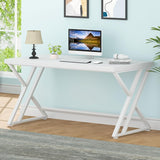 LVB Modern White Computer Desk, Long Industrial Home Office Desk for Student, Large Metal Wood Writing Study Work Desk, Farmhouse Executive Gaming Computer Table for Bedroom Living Room, White, 60 in LVB