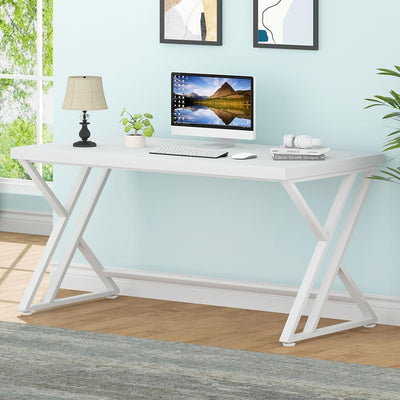 LVB Modern White Computer Desk, Long Industrial Home Office Desk for Student, Large Metal Wood Writing Study Work Desk, Farmhouse Executive Gaming Computer Table for Bedroom Living Room, White, 60 in
