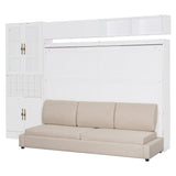 P PURLOVE Queen Murphy Bed with Sofa and Shelves, Wooden Wall Bed with USB and Light, No Box Spring Needed (White) P PURLOVE