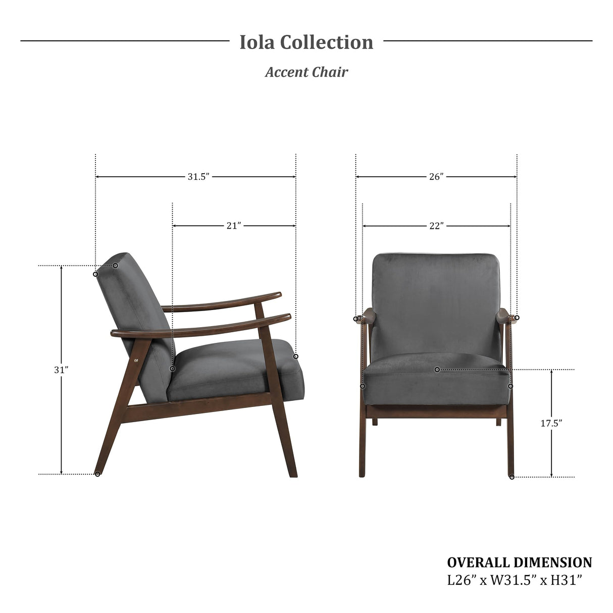 Lexicon Mid Century Modern Chair Velvet Accent Chair for Living Room Chair w/Solid Wood Armrests and Legs, Cushioned Seat and Backrest, Reading Chair and Lounge Chair for Bedrooms/Studios, Dark Grey Lexicon