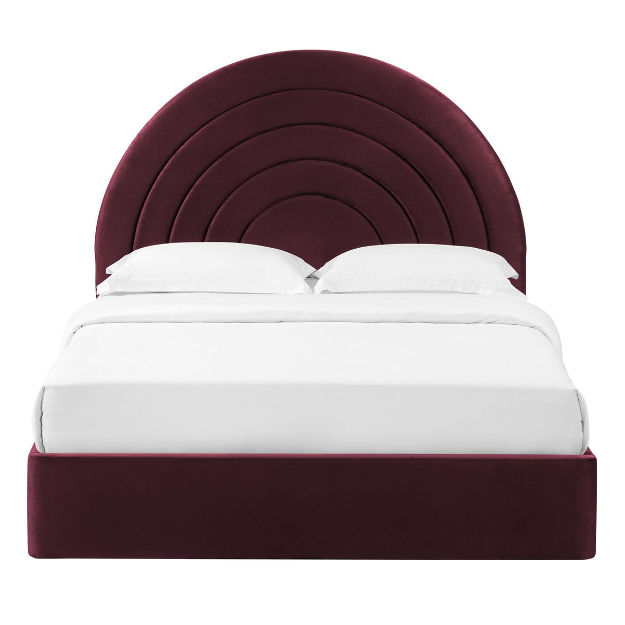 Modway Solana Queen Size Performance Velvet Platform Bed in Mulberry – Upholstered Bed Frame with Soft Arch Shaped Padded Headboard - Plinth Base Platform Bed Frame Modway