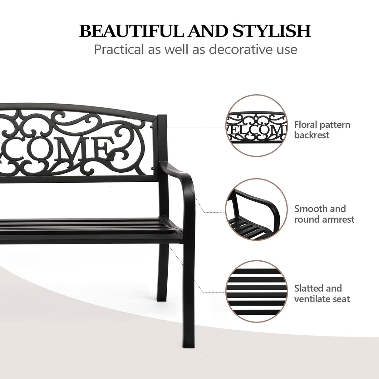 VINGLI Outdoor Bench with PVC Back Pattern, Metal Garden Bench Black Steel Welcome Bench for Patio, Porch, Deck, Yard, Lawn Decor Entryway VINGLI