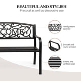 VINGLI Outdoor Bench with PVC Back Pattern, Metal Garden Bench Black Steel Welcome Bench for Patio, Porch, Deck, Yard, Lawn Decor Entryway VINGLI