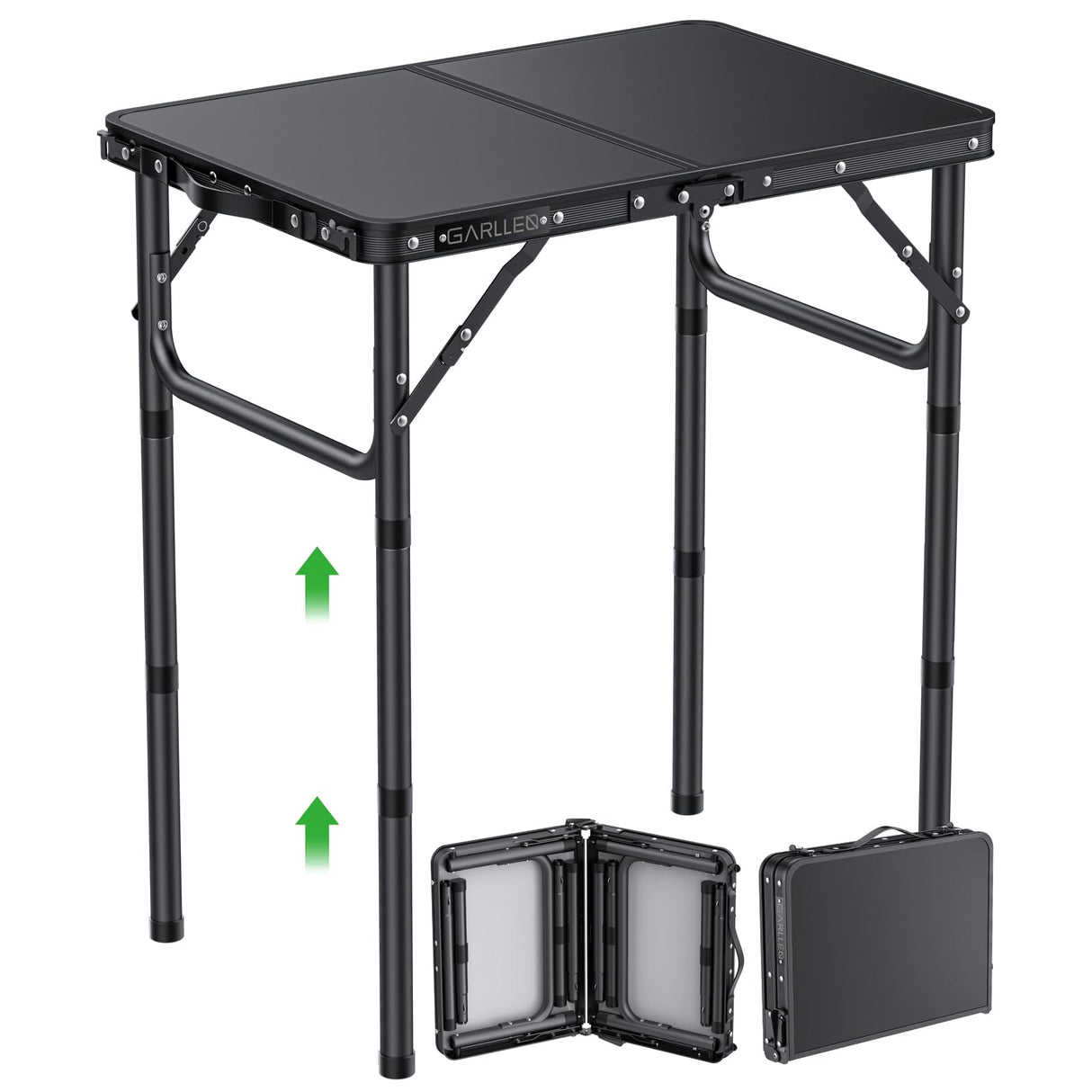GARLLEN 2ft Folding Camping Table, 3 Adjustable Height Lightweight Picnic Table, Portable Aluminum Grill Table (22.8" L x 15.7" W) for Outdoor, Camping, BBQ, Black GARLLEN