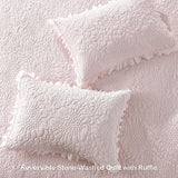 HORIMOTE HOME Pink Ruffled Quilt Queen Size, Stone-Washed Microfiber Lightweight Crinkled Farmhouse Rustic Shabby Chic Bedding Set, 3 Pieces Reversible Bedspread with Pillow Shams for All Season HORIMOTE HOME