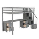 SOFTSEA Twin Loft Bed with Desk, Storage Stairs & Drawers in Grey SOFTSEA