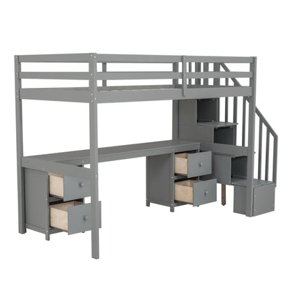 SOFTSEA Twin Loft Bed with Desk, Storage Stairs & Drawers in Grey - WoodArtSupply