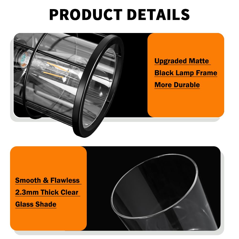 Farmhouse Pendant Lights Kitchen Island Set Of 2, Black Kitchen Island Lighting With Adjustable Rods, Industrial Cage Bathroom Pendant Lights With Clear Glass For Dining Room Hallway Sink DSMJFU DSMJFU