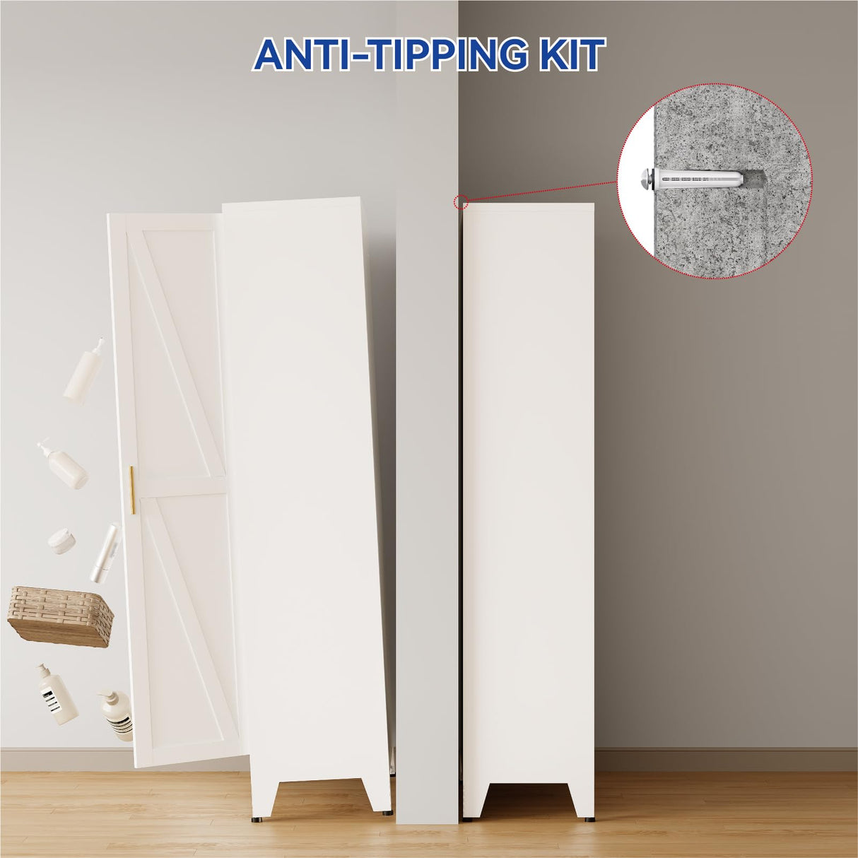 COFaR Metal Storage Cabinet, 61 in Tall Metal Cabinet with 3 Adjustable Shelves and Barn Doors, Farmhouse Cupboard Storage for Kitchen Pantry Garage Laundry, 4-Tier White COFaR