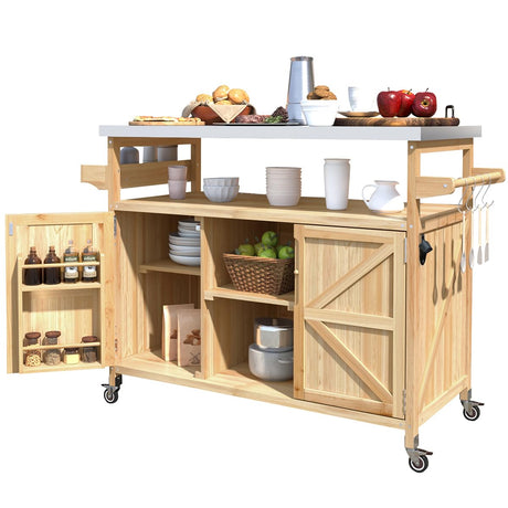 Bennbari Outdoor Kitchen Island, Rolling Kitchen Island with Storage, Farmhouse Solid Wood Kitchen Cart on Wheels, Outdoor Grill Table with Stainless Steel Top, 50 Inch Width (Natural) Bennbari