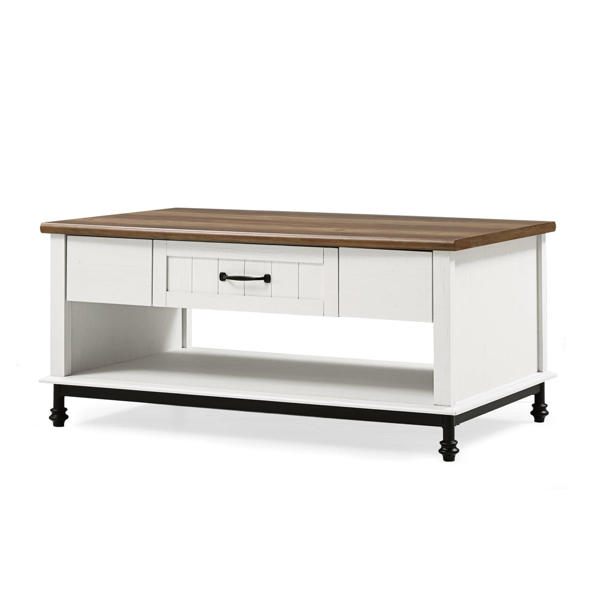 WAMPAT White Coffee Table with Drawer, Rectangle Center Table with Open Storage Shelf for Living Room, Modern Coffee Table Tea Table with Metal Legs, 42 Inch WAMPAT