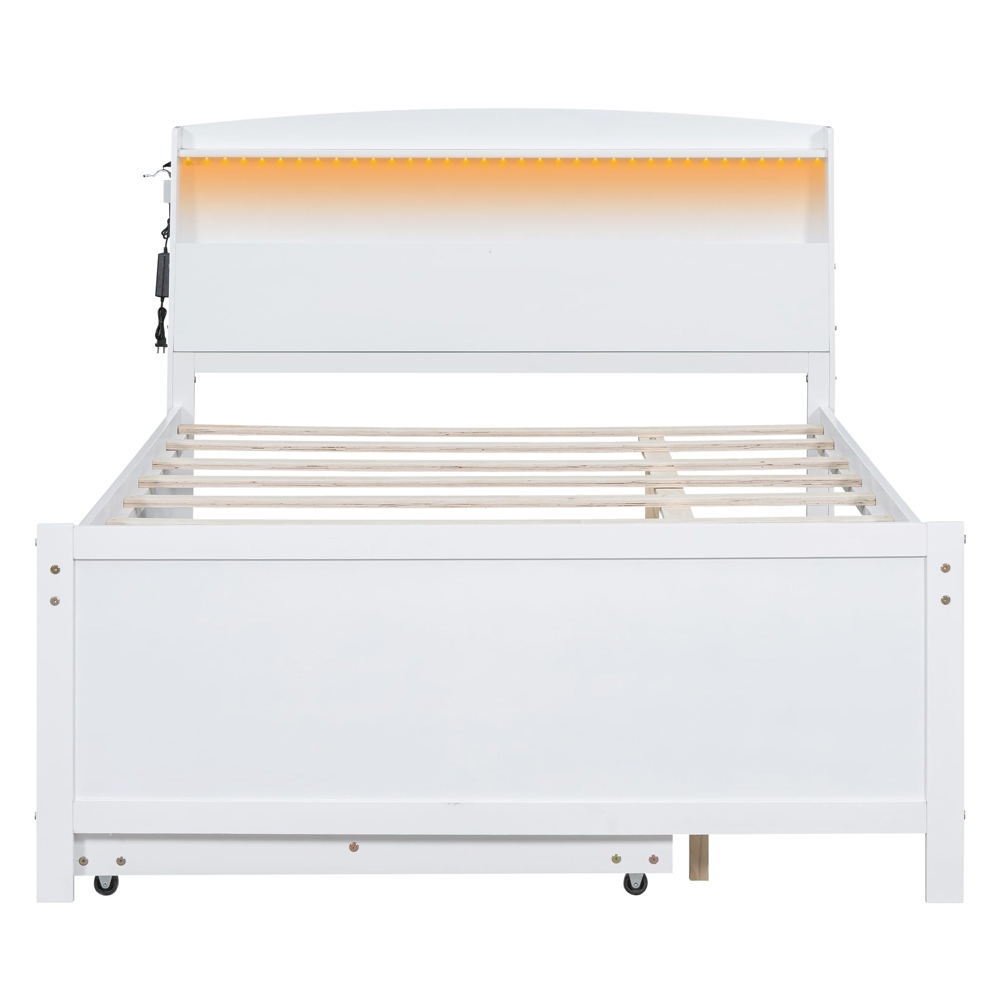 Harper & Bright Designs White Full Size Bed with Trundle, LED Bookcase Headboard and Storage Drawers - WoodArtSupply