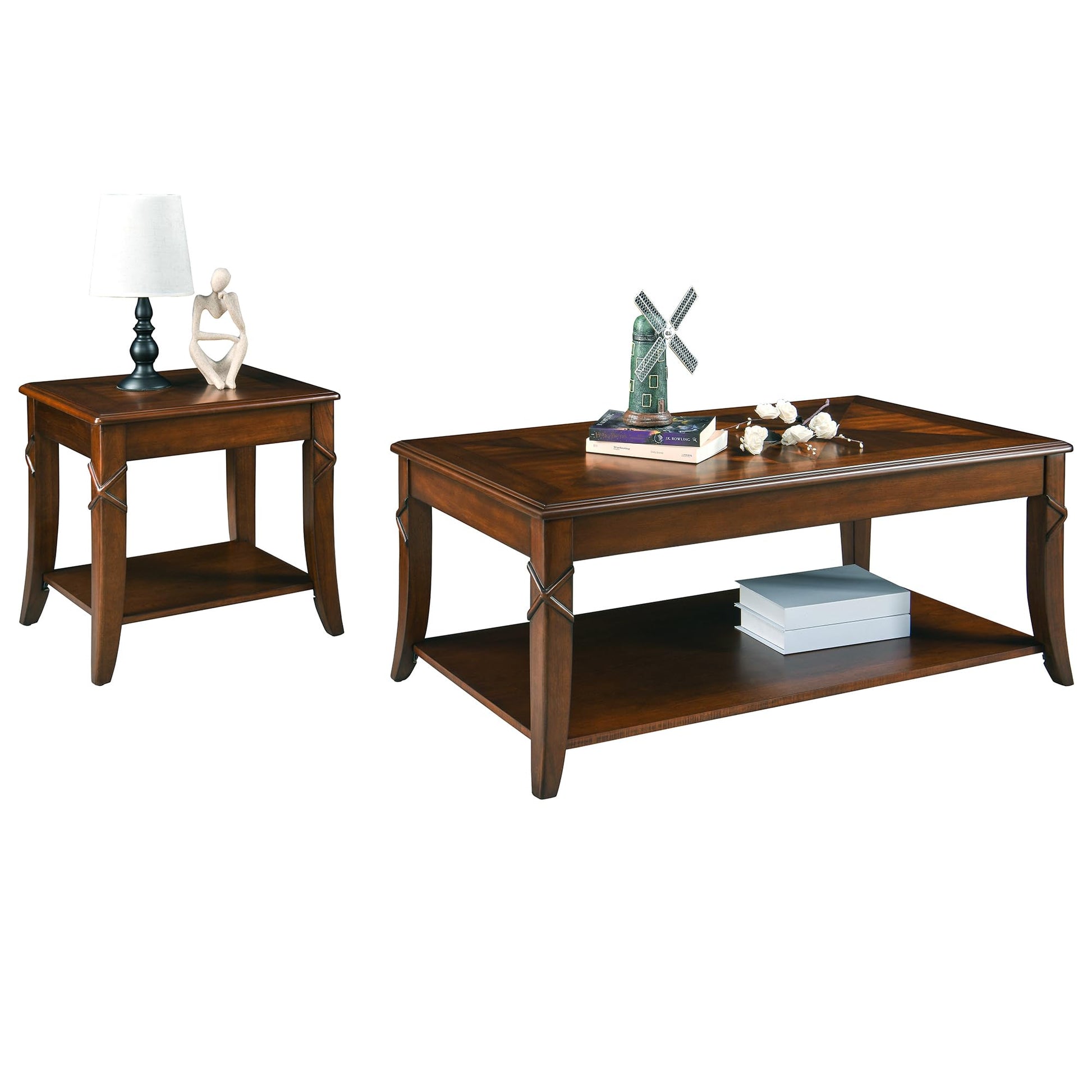 MODERION Solid Wood Coffee Table with Storage Shelf, Mid-Century Living Room Table with Wood Carved Tabletop and Leg, 43.3” Splicing Cocktail Center Table,Easy Assembly, Cherry Brown KFZ-DR20 - WoodArtSupply