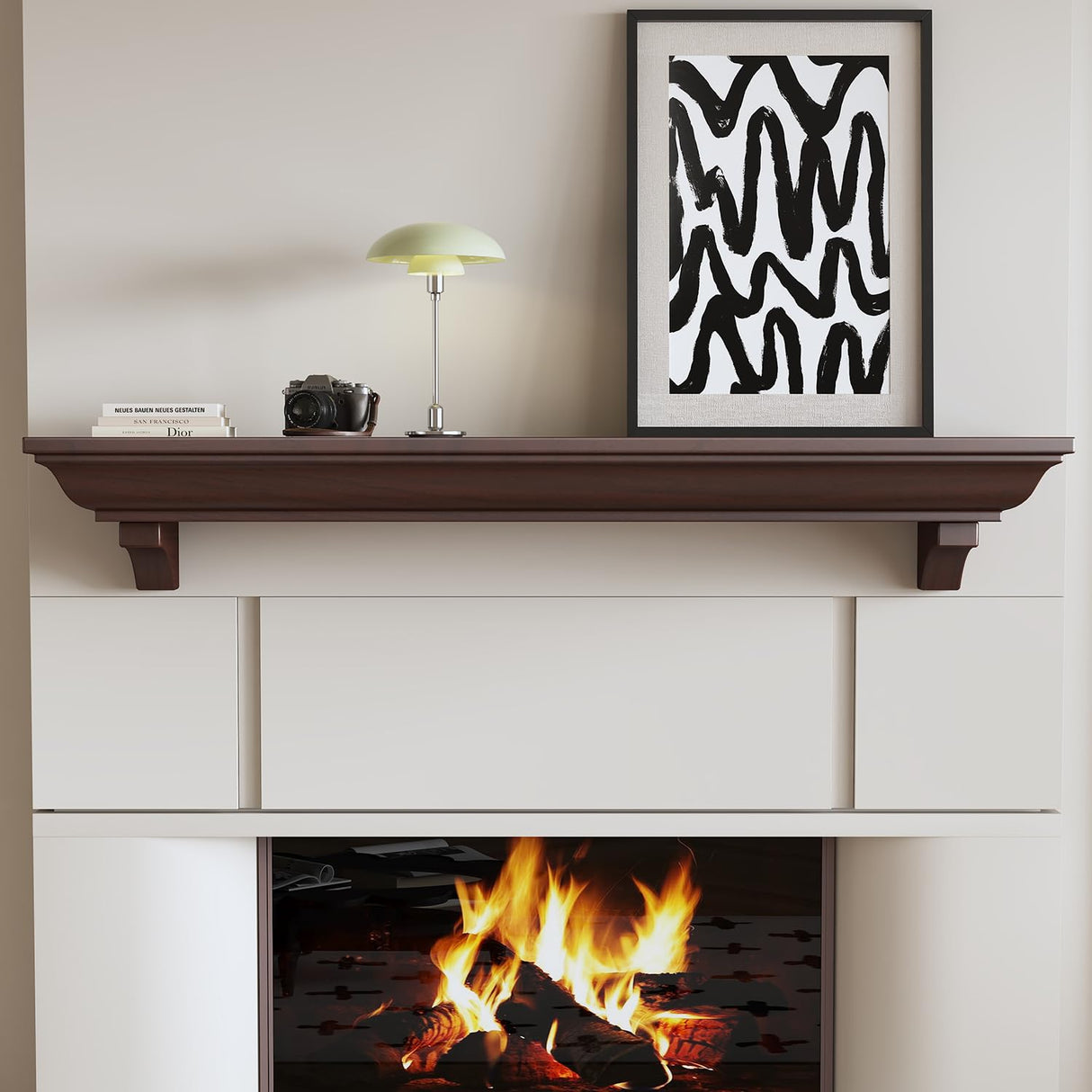 Fireplace Mantel, 60 Inch Rustic Fireplace Mantle with Arched Corbels, 100 lbs Weight Capacity Fire Place Mantel, Natural Wood Mantles for Over Fireplace, Fire Place Mantel for Living Room (Walnut) KALSUBO