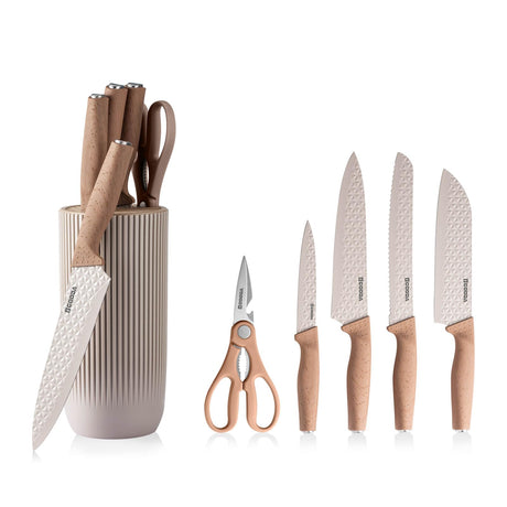 GOODA Kitchen Knife Set With Block,6-Piece Professional Chef Cooking Knives Set For Kitchen,Non-Stick Stainless Steel Knife Block Set (Khaki) GOODA