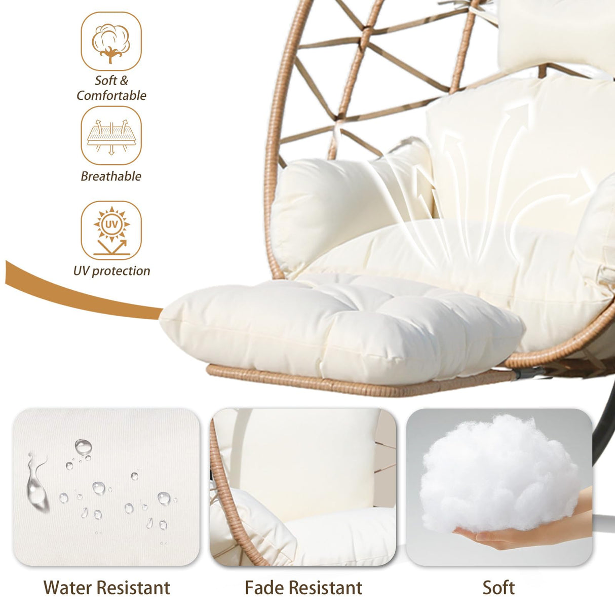 Jadoxy Hanging Egg Chair with Leg Stand, Indoor/Outdoor Swing Egg Chair Hammock Basket Seat Chair with Cushion for Porch Balcony Garden Patio (Ribbon+Rattan, Yellow+White) Jadoxy