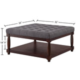 24KF Upholstered Square Coffee Table with Wooden Shelf, Tufted Button Large Square Ottoman with Spindle Wooden Legs, Linen Large Footrest Ottoman Pouf for Living Room, Dark Gray 24KF
