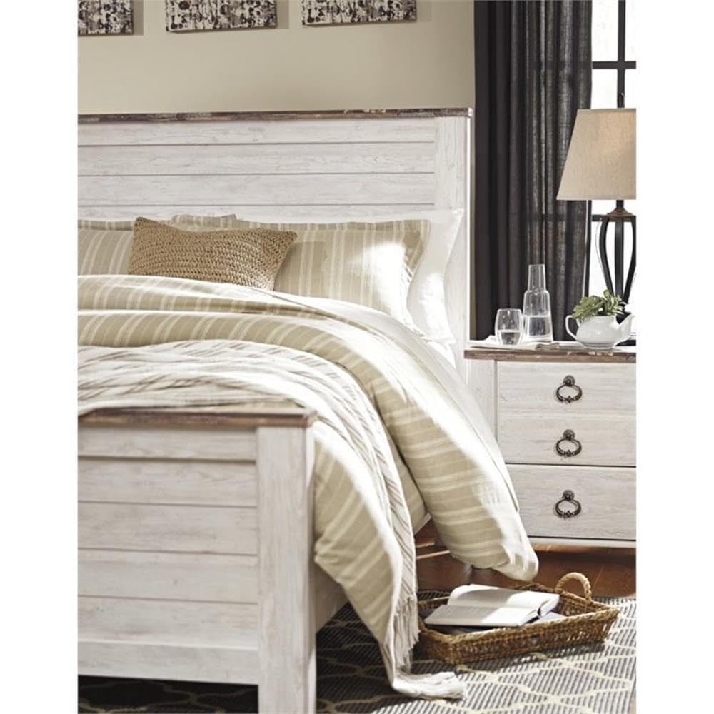 Ashley Furniture Willowton 65" W x 87" D Farmhouse Wood Queen Sized Panel Bed in Whitewash Finish Signature Design by Ashley