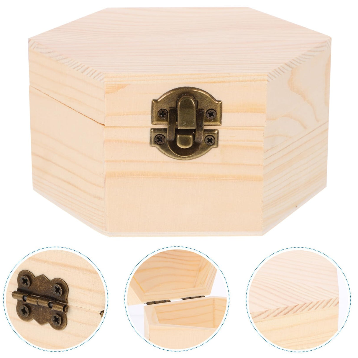 Cabilock Plain Unfinished Box, Hexagon Unpainted Wooden Jewelry Box Container, Wood DIY Storage Chest Treasure Case with Locking Clasp for Crafts, Art, Hobbies, Projects Cabilock