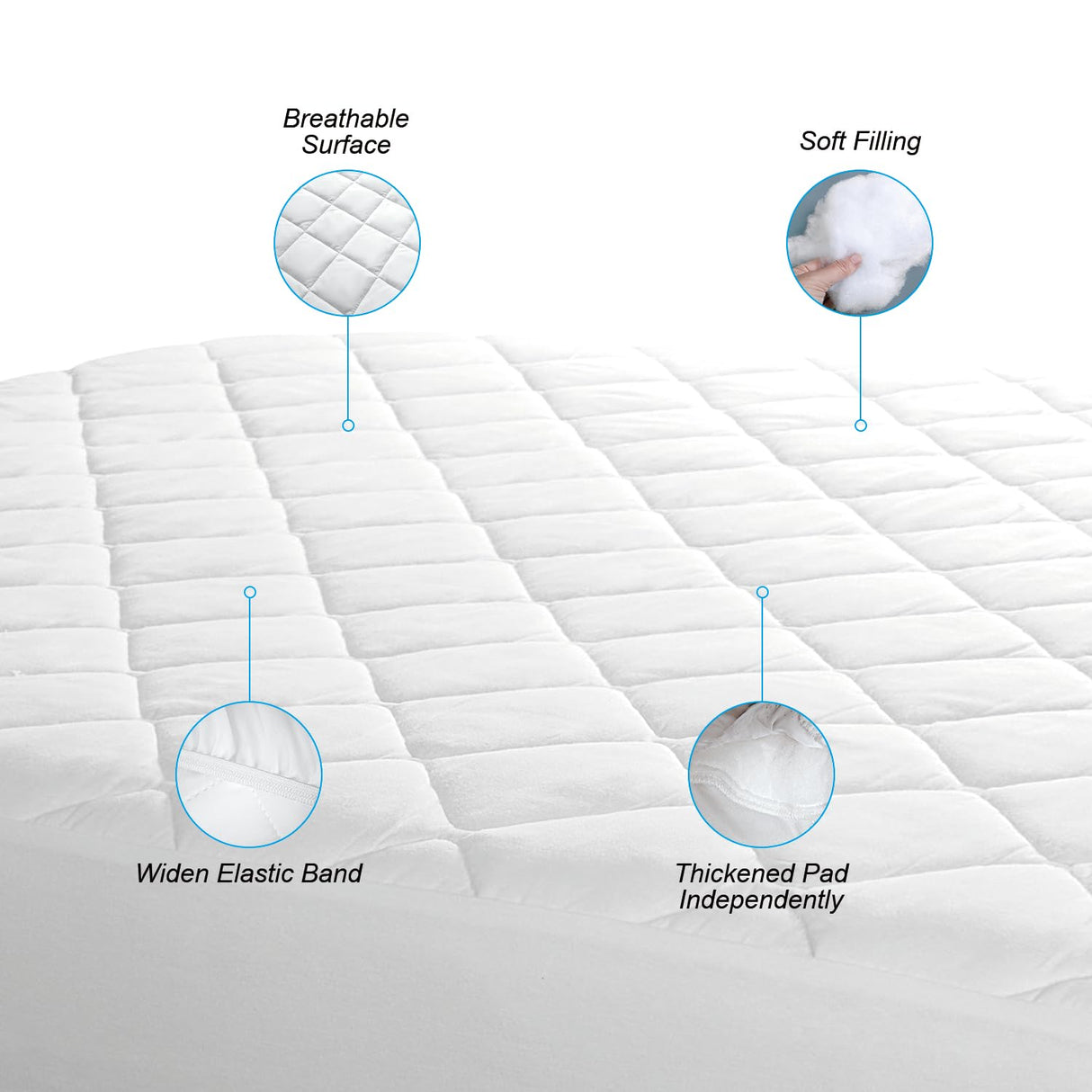 EIUE Quilted Mattress Pad - Lightweight Yet Substantial, Elastic Fitted Mattress Topper Protector, Breathable Mattress Protector with Secure Fit,Machine Washable,Queen(60x80inches),White EIUE