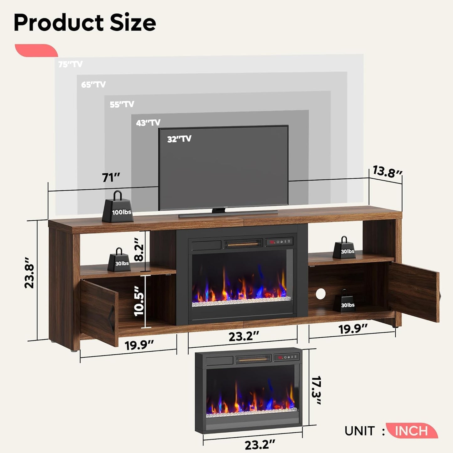 Bestier Fireplace TV Stand with LED Lights, 70 Inch Entertainment Center with Storage Cabinets for TVs Up to 80", Modren Wood Console TV Table with Adjustable Shelf for Living Room - Dark Wal - WoodArtSupply