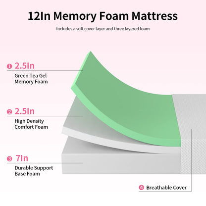 12 Inch Green Tea Memory Foam Mattress,Bed-in-a-Box Medium Firm Mattress CertiPUR-US Certified Breathable Bed Mattress for Cooler Sleep Supportive & Pressure Relief,Twin