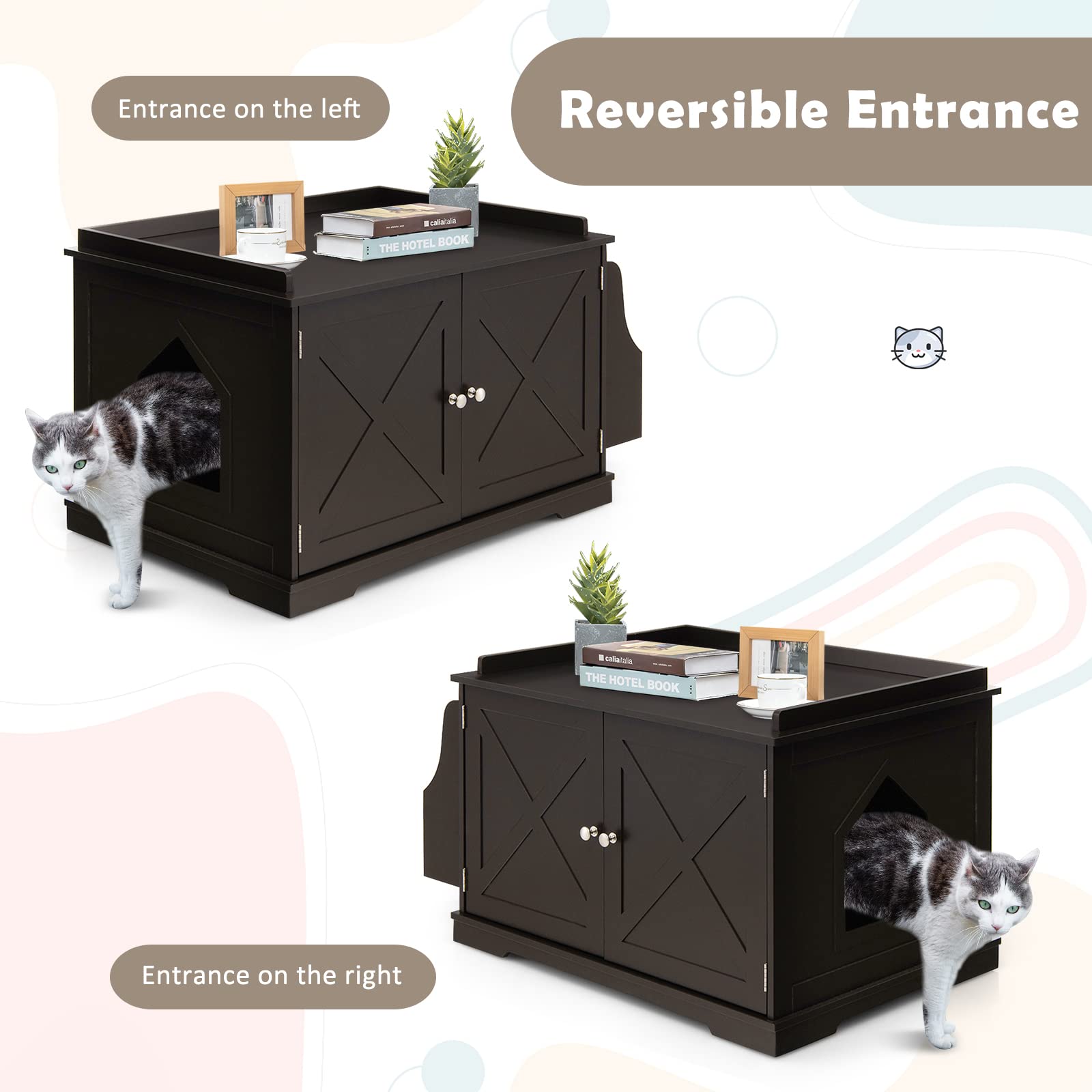 Tangkula Cat Litter Box Enclosure, Wooden Cat House Side Table w/Removable Divider, Reversible Entrance, Magazine Rack, Large Nightstand Pet House, Hidden Cat Washroom, Litter Box Furniture ( - WoodArtSupply