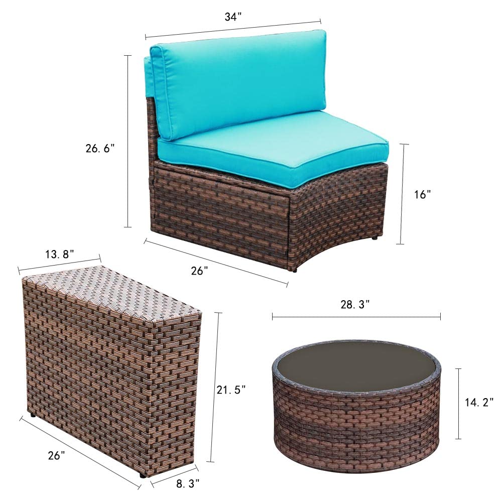 OC Orange-Casual 13 Pieces Sectional Outdoor Furniture, Half-Moon Curved Outdoor Sofa, All-Weather Brown Wicker with Round Coffee Table and Turquoise Cushions (Pillows & Waterproof Cover Incl - WoodArtSupply